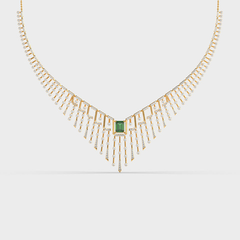 Green Stone Fringe V Diamond Necklace